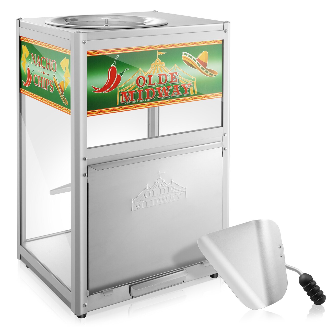 Olde Midway Nacho Chip Warmer Machine with Scoop, Commercial Grade Stainless Steel Concession Stand Display with Glass Door